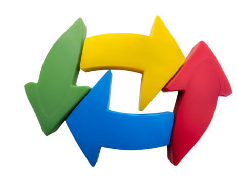 Four interlocking arrows rotating in a continuous cycle on transparent background