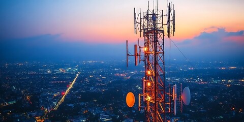 5g base station receiver on a telecommunication tower with network connections, generative ai