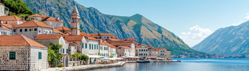 Obraz premium A picturesque waterfront village nestled between mountains, featuring charming architecture, blue waters, and sunny skies.