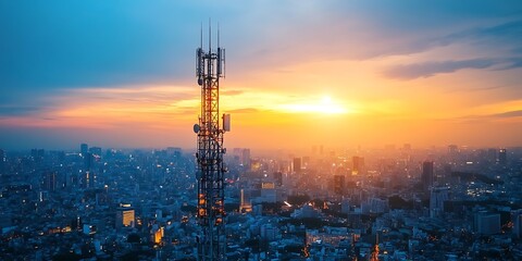 5g base station receiver on a telecommunication tower with network connections, generative ai