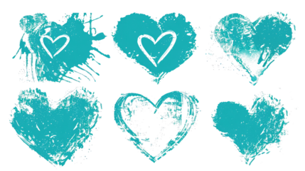 set of blue green hand drawn hearts isolated