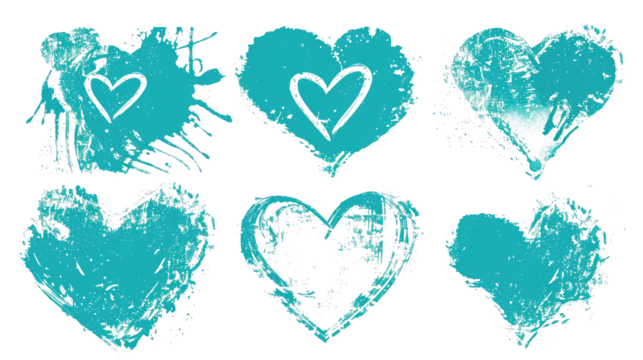 set of blue green hand drawn hearts isolated