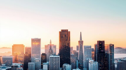 Fototapeta premium A beautiful skyline view showcasing modern skyscrapers bathed in warm sunset light, with a clear sky above and the distant silhouette of a tower.