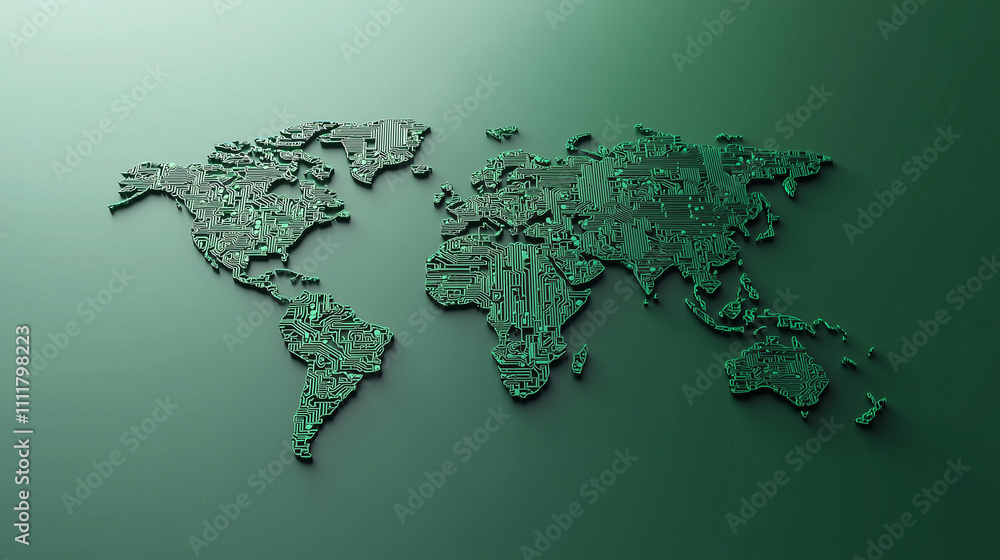 Poster World Map - 3D Rendered: A 3D rendered world map in a textured green color scheme, showcasing the interconnectedness of our globe.  