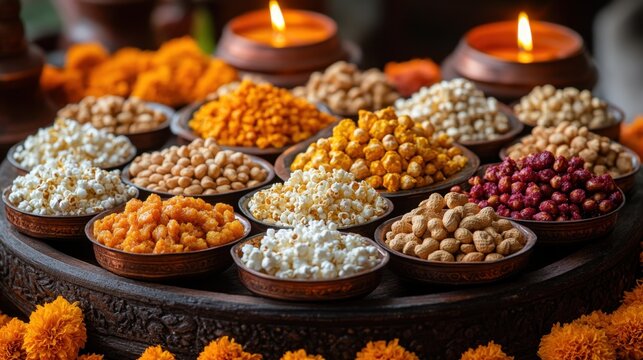 A close-up of a traditional Punjabi thali filled with Lohri treats like jaggery, rewari, peanuts, and popcorn, beautifully arranged on a wooden platter with marigold flowers and candles