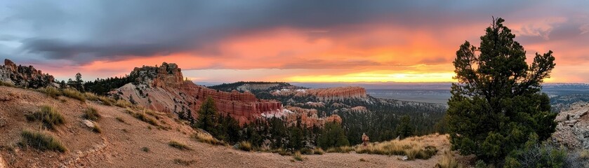 Naklejka premium A stunning panoramic view of a colorful sunset over rugged terrain, featuring dramatic clouds and silhouetted trees.