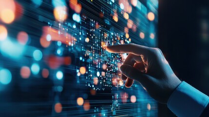 Fototapeta premium Futuristic Digital Interface with Finger Touching Data Visualization and Colorful Lights