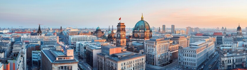 Naklejka premium A panoramic view of a city skyline during sunset, showcasing historic architecture and vibrant colors illuminating the buildings.