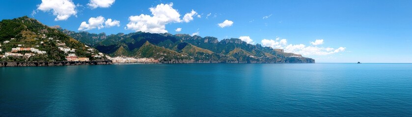 Fototapeta premium A panoramic view of serene blue waters bordered by lush green mountains under a clear blue sky.