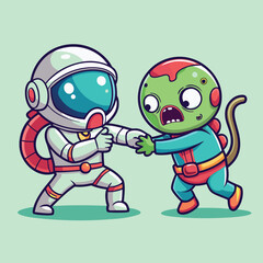 Cute Alien and Astronaut fighting vector illustration