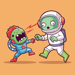 Obraz premium Cute Alien and Astronaut fighting vector illustration