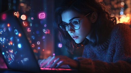 Woman using laptop with digital icons and effects