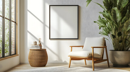 Stylish scandinavian composition of living room with design armchair, black mock up poster frame, commode, wooden stool, book, decoration, loft wall and personal accessories in modern home decor