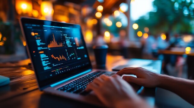 Night Stock Market Analysis on Laptop at a Cafe