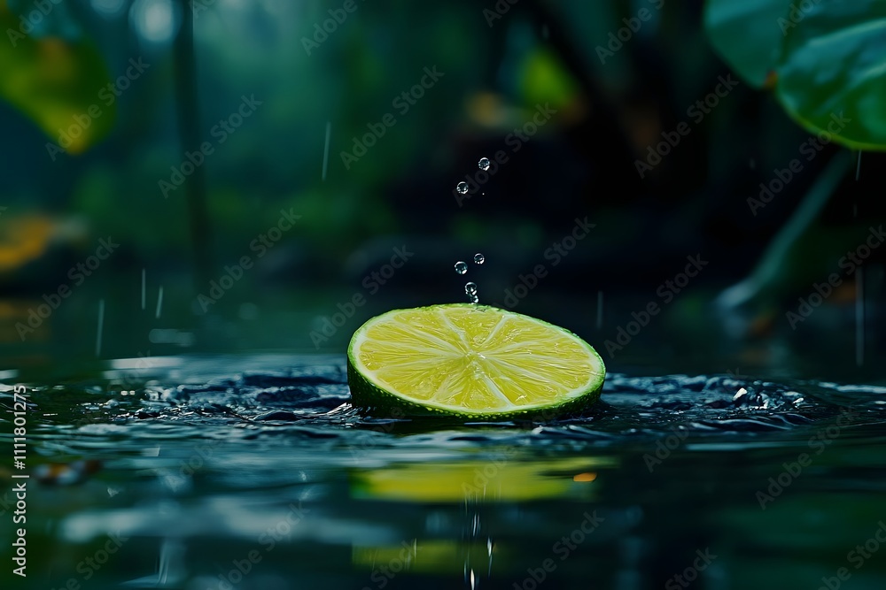 Poster a fresh lime slice floats on water, with droplets splashing around it in a serene environment.