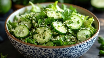 Obraz premium Vibrant salad bowl featuring fresh cucumbers, crisp lettuce, and nutritious quinoa, a perfect blend for a healthy meal option.