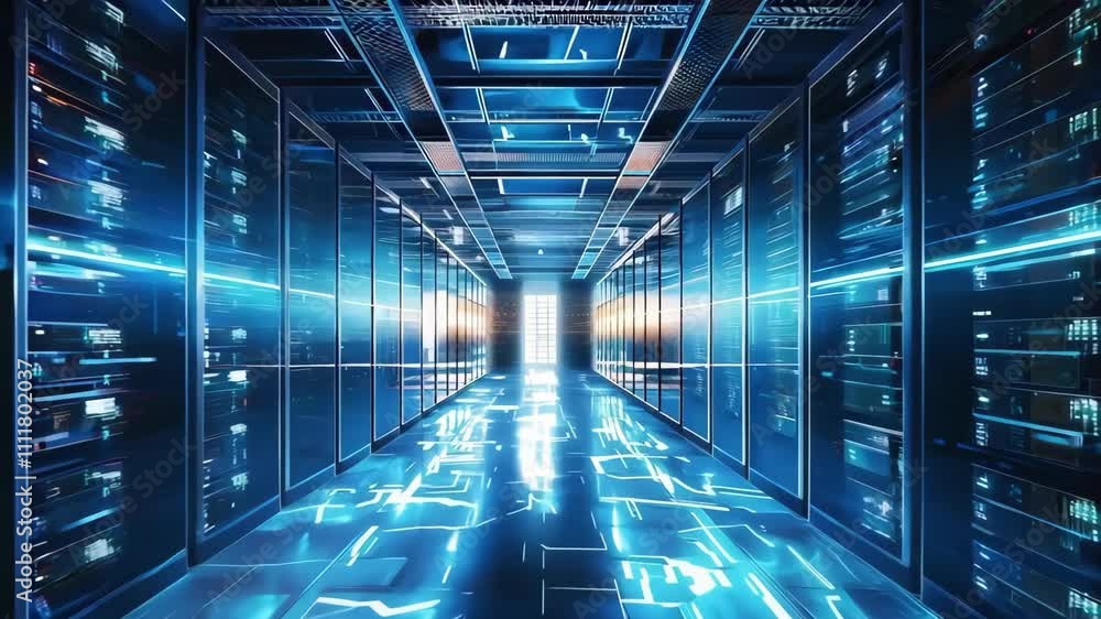 Poster a futuristic data center with rows of servers, illuminated by blue lights and reflecting a high-tech