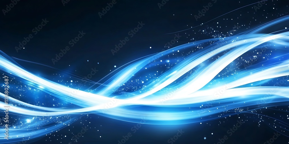 Poster abstract blue background with glowing lines and particles design, generative ai