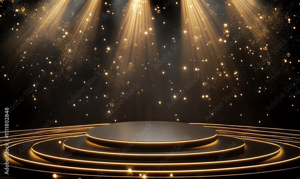 Poster podium with golden light lamps and sparkling rays on a black background creating a luxurious and awa