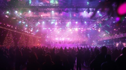 Fototapeta premium Festive Christmas Rave Extravaganza with Diverse Crowd Dancing Under Colorful Lights