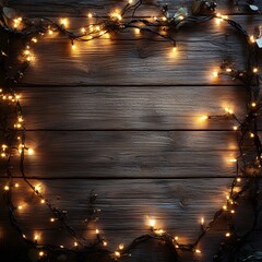 Rustic wooden background with an aerial view of a lighted garland on the edges and in front of it, warm tones, cozy, beautiful wood texture, wooden floor, large empty space for text