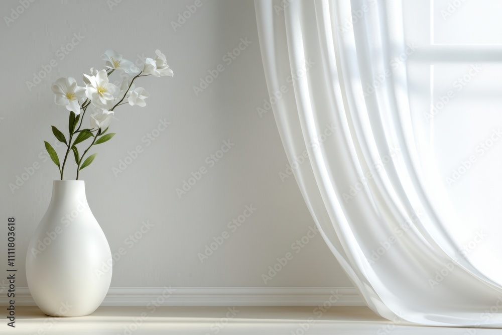 Poster fresh spring interior, a gentle spring breeze fills the room through an open window, causing white c