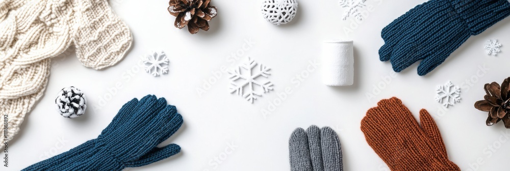 Poster winter accessories like colorful gloves and a scarf are arranged around snowflakes, creating a cozy 