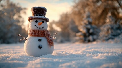 Fototapeta premium A cute snowman wearing a top hat and mittens, surrounded by frosted pine trees under a soft blue sky, with a wide blank snow-covered area in the foreground for text placement 