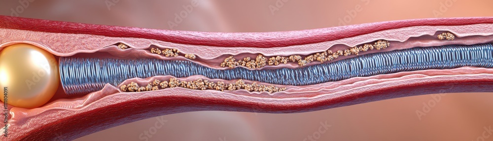 Poster a detailed cross-section of a blood vessel showing layers and textures, emphasizing the inner struct