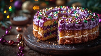 A detailed close-up of a King Cake with vibrant purple, green, and gold sugar glaze, sliced to reveal the rich layers, set on a rustic wooden table with beads and streamers scattered around