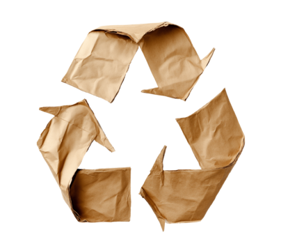 recycle symbol made of Kraft paper, eco icon, torn rough paper folded in recycling icon shape. cutout png - Powered by Adobe