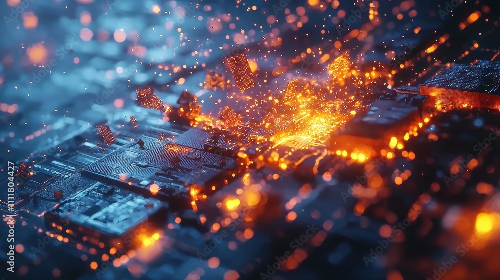 Poster high-tech visualization of cybersecurity firewall breaches with abstract digital effects