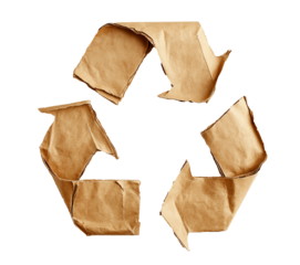 recycle symbol made of Kraft paper, eco icon, torn rough paper folded in recycling icon shape. cutout png