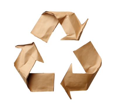 recycle symbol made of Kraft paper, eco icon, torn rough paper folded in recycling icon shape. cutout png