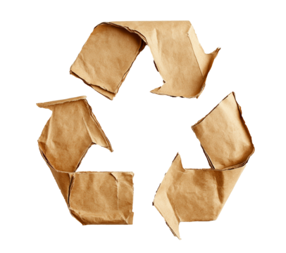 recycle symbol made of Kraft paper, eco icon, torn rough paper folded in recycling icon shape. cutout png