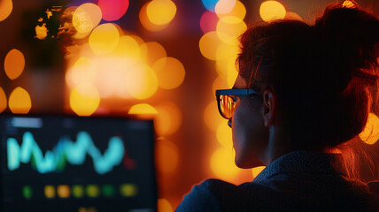 Creative woman analyzing data with colorful lights in background