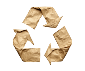 recycle symbol made of Kraft paper, eco icon, torn rough paper folded in recycling icon shape. cutout png