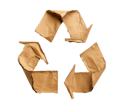recycle symbol made of Kraft paper, eco icon, torn rough paper folded in recycling icon shape. cutout png