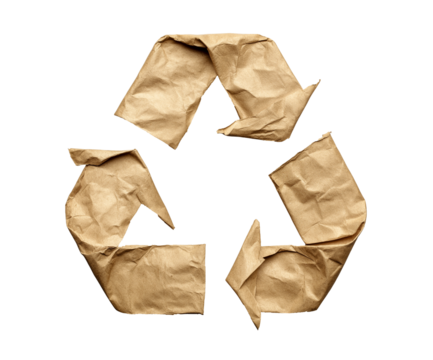 recycle symbol made of Kraft paper, eco icon, torn rough paper folded in recycling icon shape. cutout png