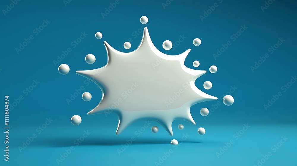 Poster a glossy, white splash shape against a blue background, surrounded by small bubbles, creating a dyna