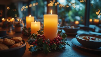 A festive family dinner table set for christmas, featuring lit candles, a centerpiece of holly and berries