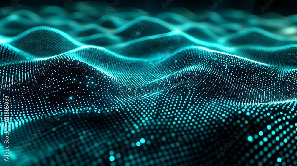 Poster abstract 3d waves of light with dots in blue tones creating a digital oceanic landscape