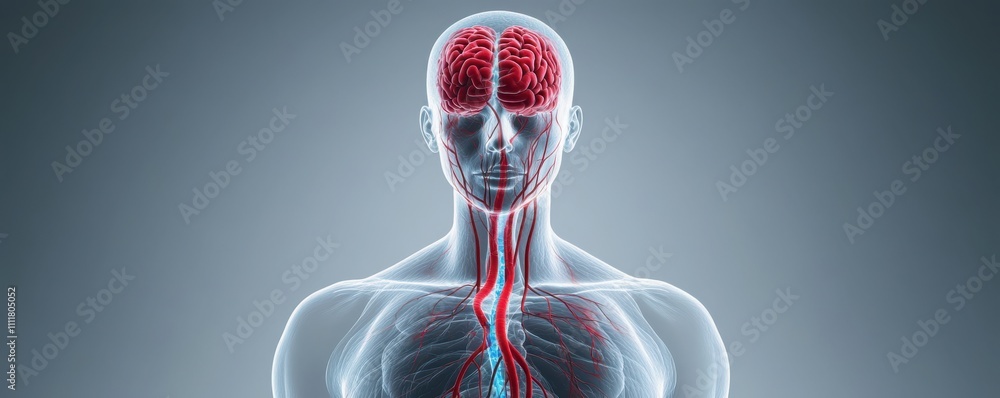 Poster a translucent human figure highlighting the brain and vascular system, emphasizing the connection be