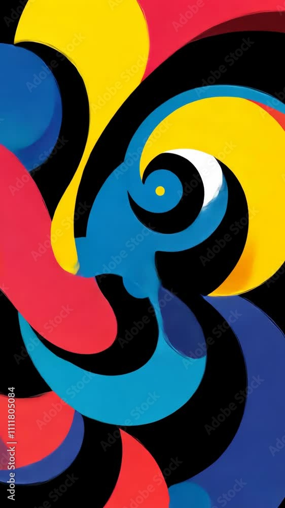 Poster vivid abstract artwork featuring swirling shapes and bold colors creating a dynamic visual compositi