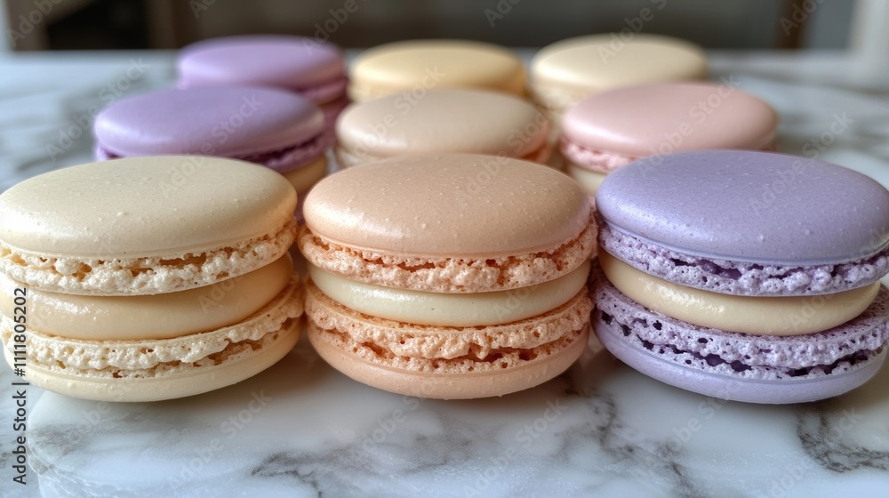 Aufkleber pastel macaron delight, a vibrant display of identical macarons in soft hues, showcasing a tempting 