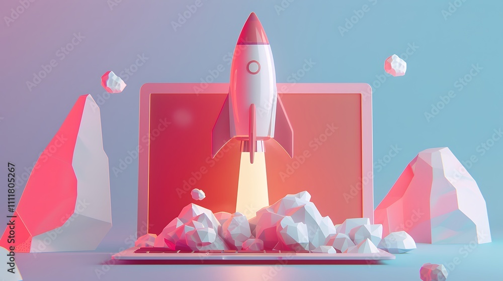 Poster a colorful digital illustration of a rocket launching from a computer screen, surrounded by abstract