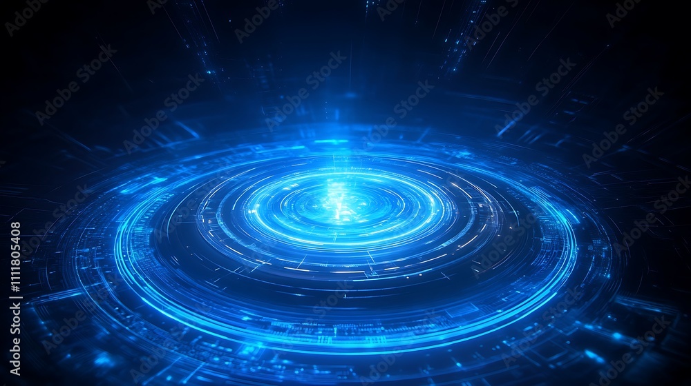 Poster abstract blue circular pattern with glowing lights and lines in a futuristic digital space environme