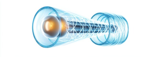 A futuristic device emitting energy waves, featuring a central sphere and swirling patterns, symbolizing advanced technology and scientific innovation.
