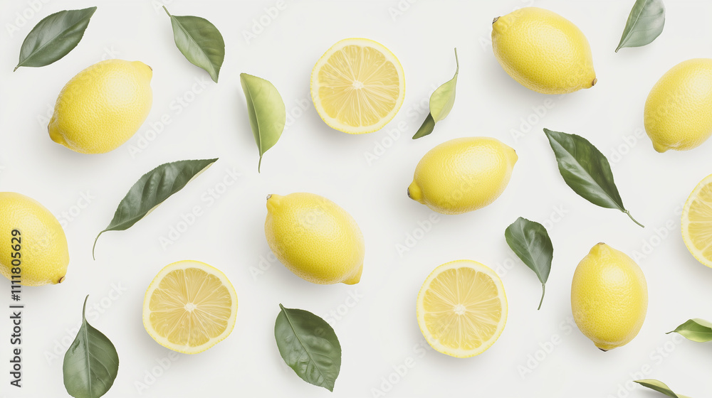 Poster lemon pattern: a vibrant and refreshing pattern of whole lemons, sliced lemons, and green leaves arr