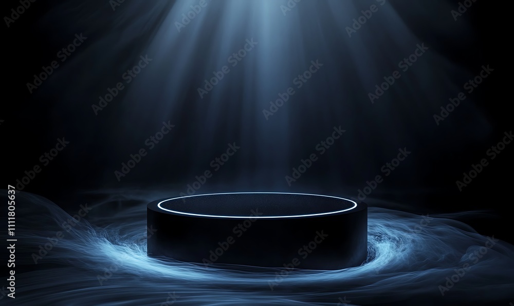 Poster luminous 3d podium platform on dark stage with glow and neon lighting for product showcase or futuri